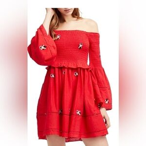 Free People Red Counting Daisies Off-Shoulder Dress